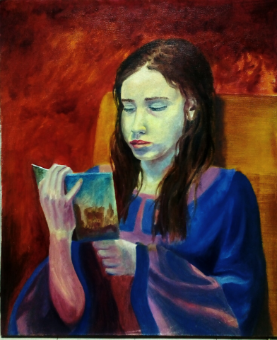 Живопись, портрет, масло "Мир читает книгу о войне"