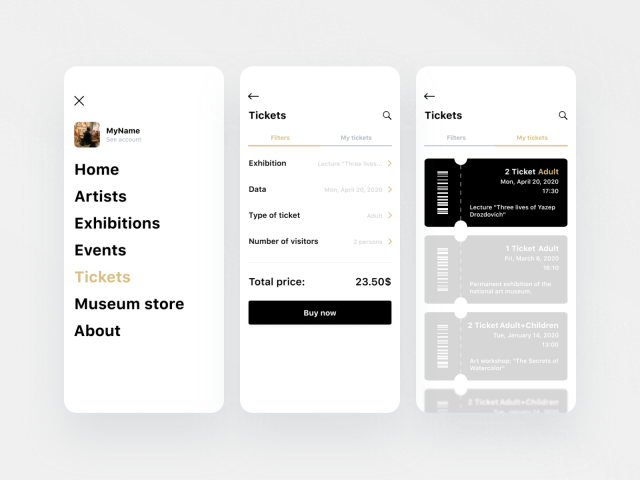 Дизайн приложения для музея. Экраны покупки билетов онлайн.