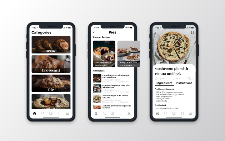 Дизайн интерфейса мобильного приложения рецептов выпечки.
