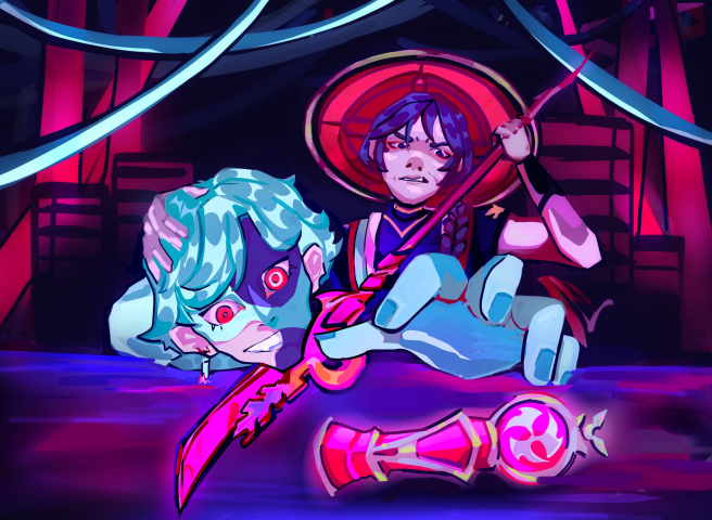 Иллюстрация 2 персонажа, сложный фон