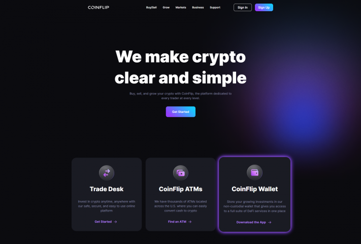 Главная страница сайта криптовалютной биржи "Coinflip"