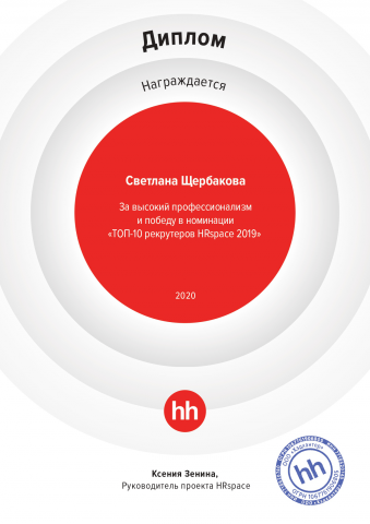 Диплом 10ка рекрутеров, рейтинг HH за 2019г