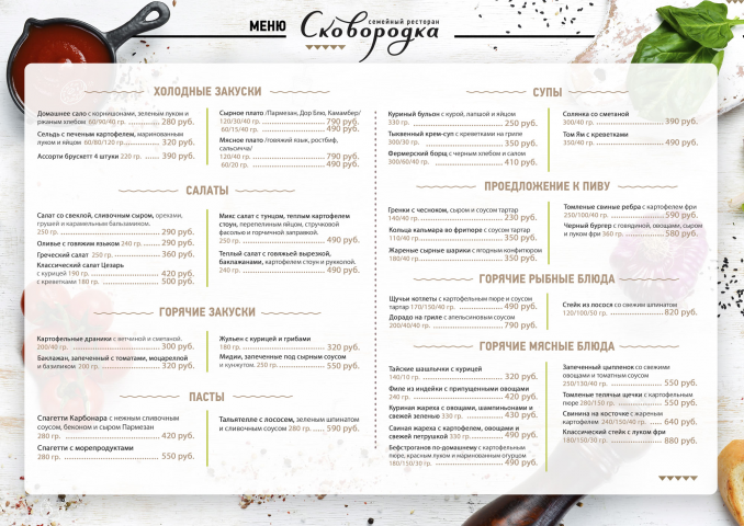 Меню ресторана "Сковородка"