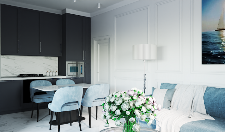 Кухня-гостиная, стиль неоклассика.