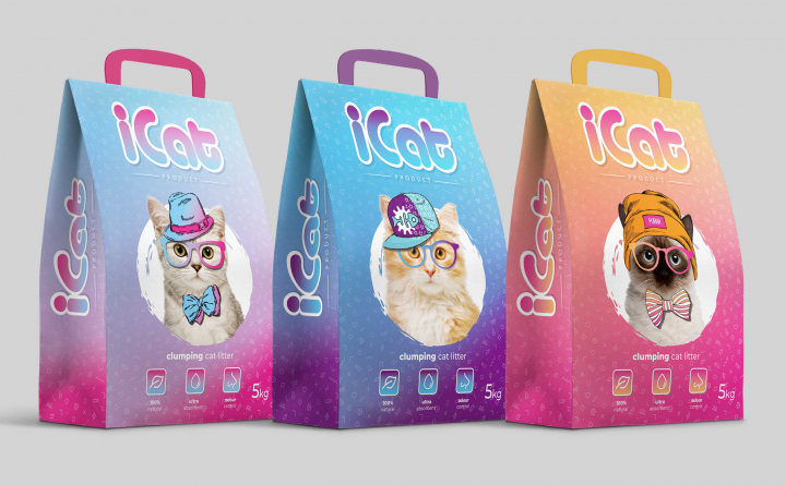 Макет упаковки упаковки кошачьего наполнителя iCat