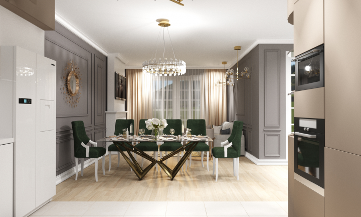 Дизайн кухни- гостинной в загородном доме в современном стиле с