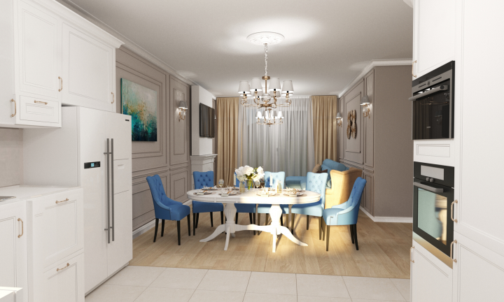 Дизайн кухни- гостинной в загородном доме в классическом стиле