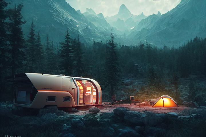 [AI GENERATED] camping bus in the beautiful mountains