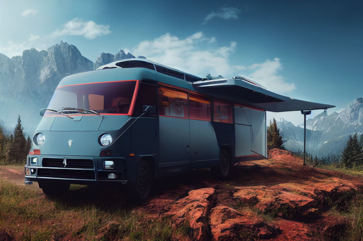 [AI GENERATED] camping bus in the beautiful mountains