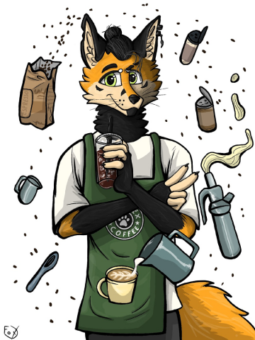 Арт антропоморфного лиса баристы