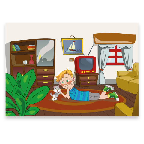 Иллюстрация мальчика с котенком