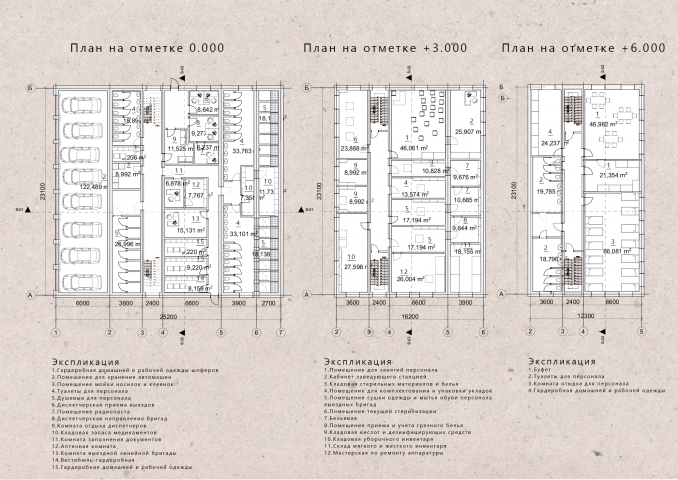Планировочное решение трехэтажной подстанции скорой помощи