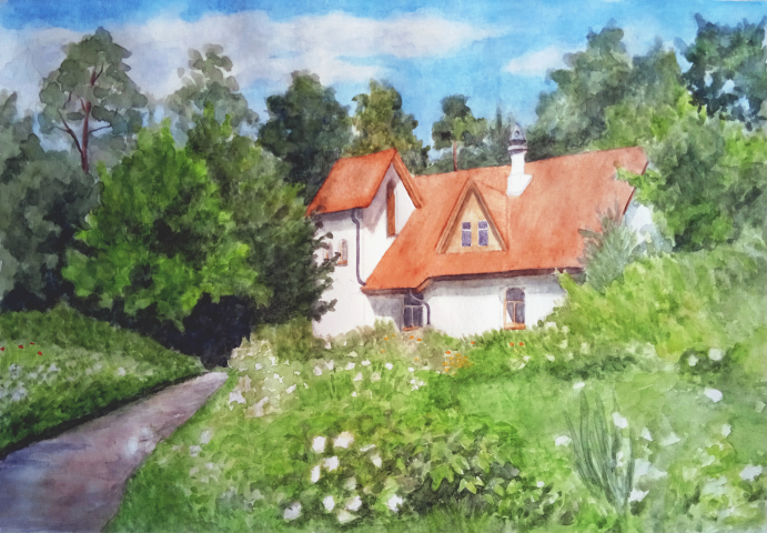Пейзаж с домом. Бумага, акварель. Формат А3