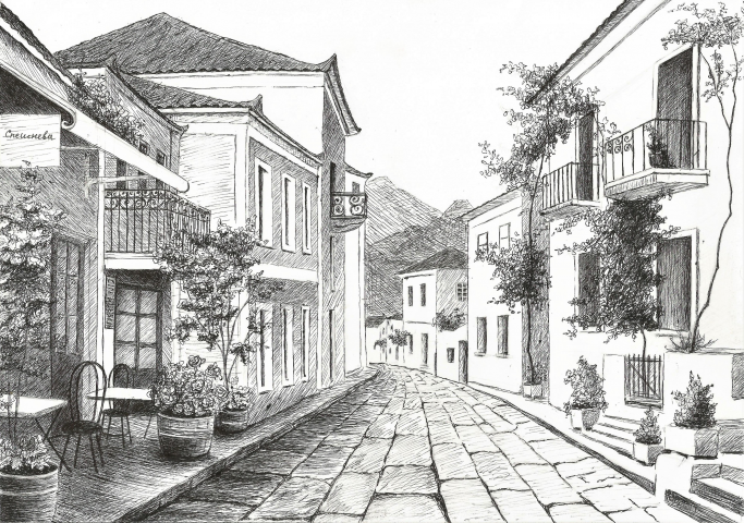 Городской пейзаж. Бумага, гелевая ручка. Формат А4