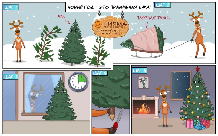Комикс про правильную ёлку для ресторана "Нияма"