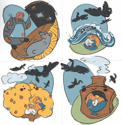 Эскизы 4 иллюстраций детской сказки