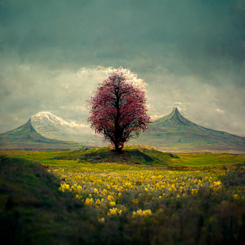 Одинокое весенне дерево, на зеленых полях