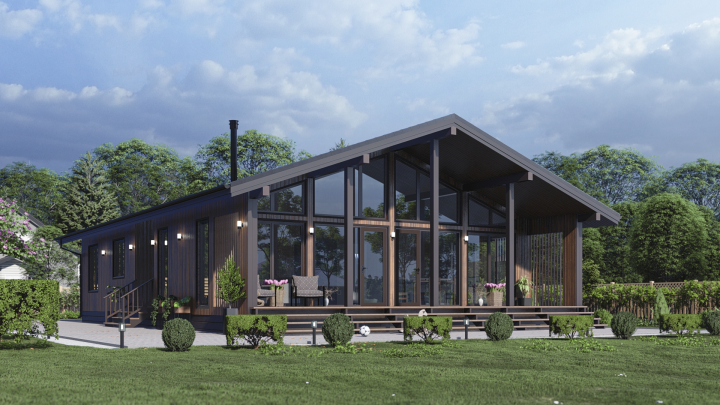 Одноэтажный дом с застеклённым фасадом встиле фахверк