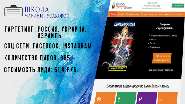 Таргетированная реклама для школы английского Марины Русаковой