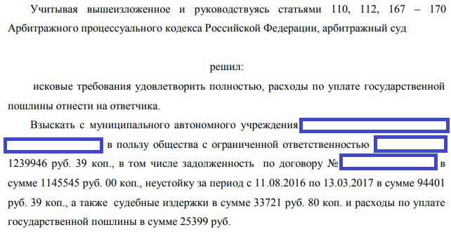 Решение Арбитражного суда в пользу Истца по подготовленному иску