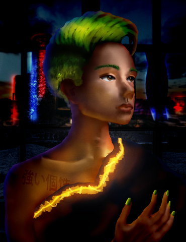 Парень в футуристичном городе