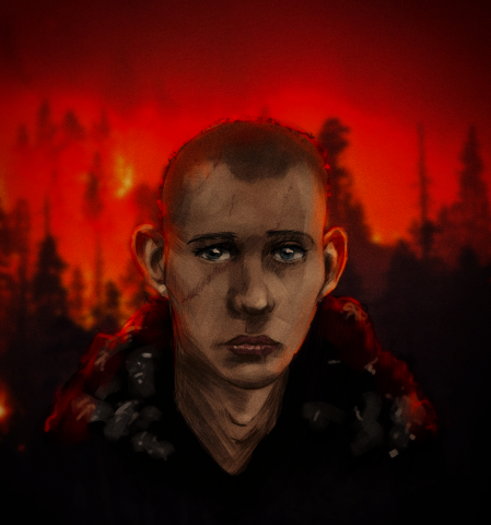 Мужчина со шрамами в горящем лесу