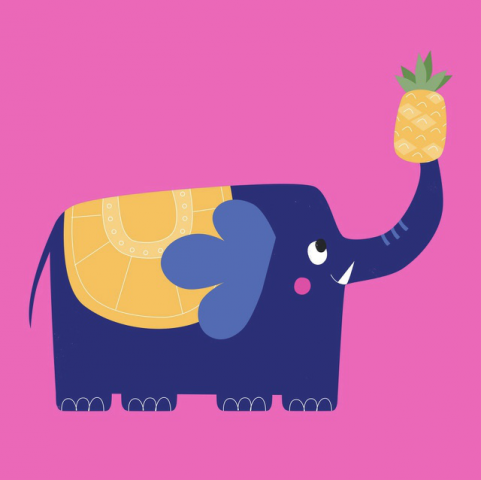 Довольный слон с ананасом