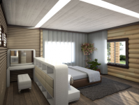 Спальня в доме из оцилиндрованного бревна.