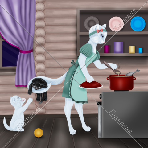 Иллюстрация Кошка с Котятами