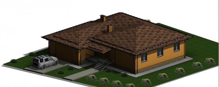 1-этажный жилой дом с гаражом на 2 машины.