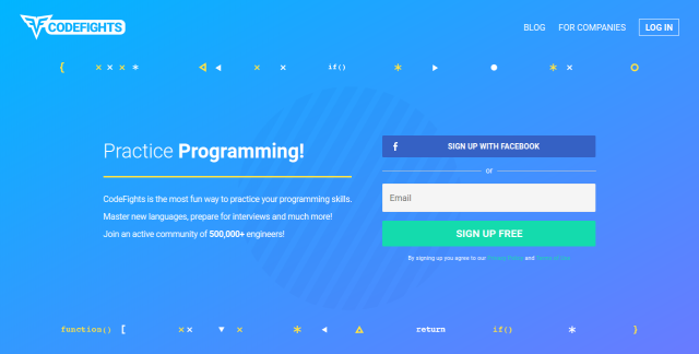 Верстка landing page для СodeFights (используя ReactJS)