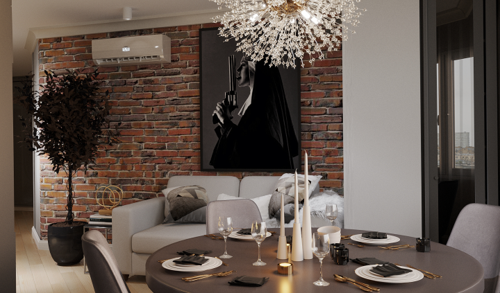кухня-гостиная в современном минимализме с элементами лофт