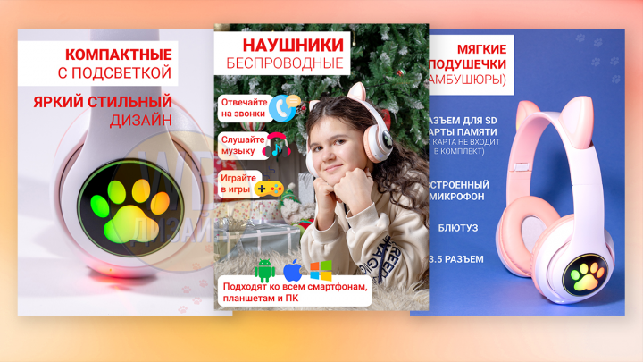 Инфографика "Наушники беспроводные с подсветкой - кошачьи ушки"