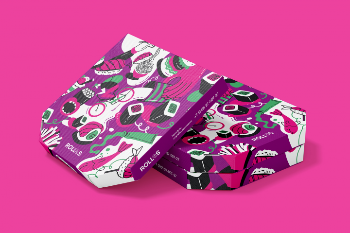 иллюстрации и дизайн упаковки для ресторана с доставкой