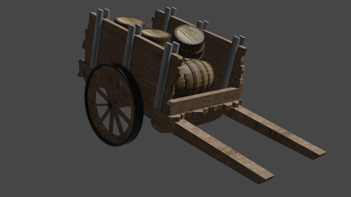 Деревянная повозка с бочками Низкополигональная 3D модель