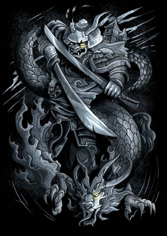 Самурай и дракон в темных тонах