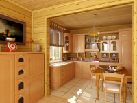 Кухня и столовая в деревянном коттедже