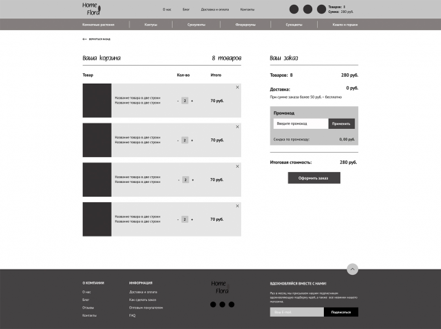 Прототип страницы корзины интернет-магазина комнатных растений