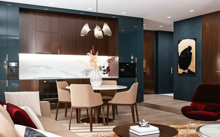 Интерьер кухни-гостиной-прихожей в современном стиле