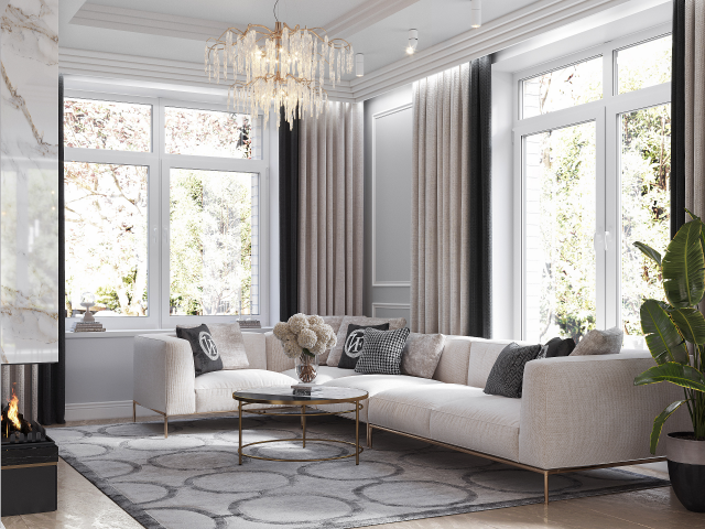 Интерьер гостиной загородного дома в светлых тонах