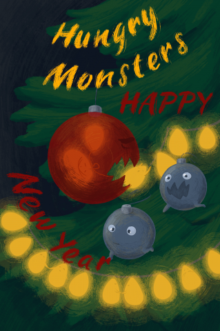 Новогодняя открытка. Серия "Hungry monsters"
