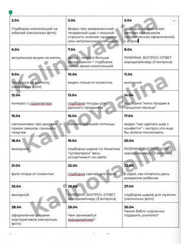 Контент-план для студии воздушных шаров