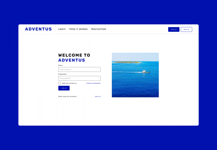 "ADVENTUS"-Дизайн странички регистрации сайта для путешествий