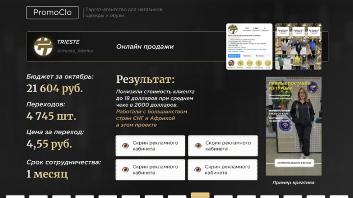 Настройка таргетированной рекламы магазина "TRIESTE"