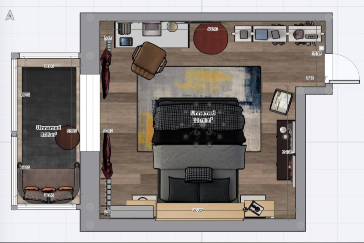 Интерьер спальни в стиле лофт(2D вид сверху)