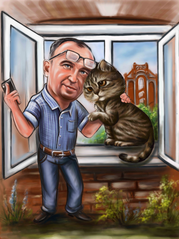 Арт мужчины с любимой кошкой.