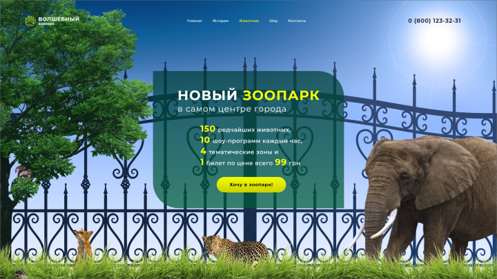 Концепт первого экрана сайта зоопарка "Волшебный".