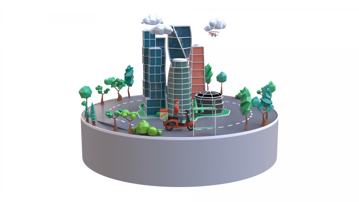 Delivery worker in 3d city