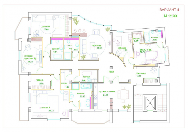 Планировка – Квартиры 220 кв. м. с расстановкой мебели