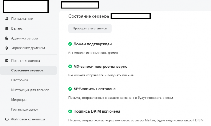 пример моей настройки доменной почты